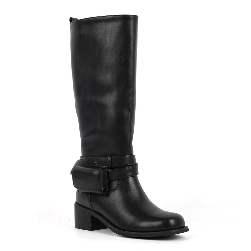 Women Round Toe Knee High Boots Low Heel Fashion Pull on Wide Calf Boots