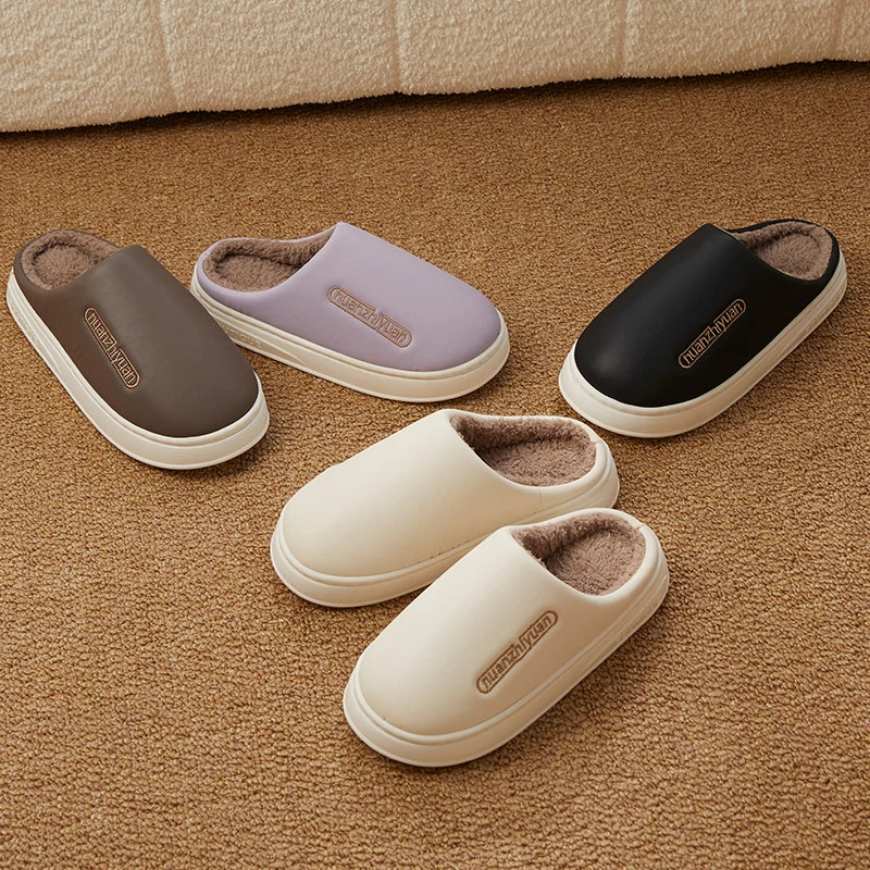 Unisex Anti-slip Waterproof Winter Cotton Slippers Women Men Home Indoor Warm House Shoes Couple Soft Flat PVC Sole Footwear