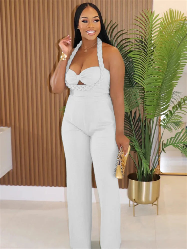 Women Fashion Straight Jumpsuit Summer Trend Twist Bandage Halter Ruched Hollow Backless Sleeveless Classic Outfits