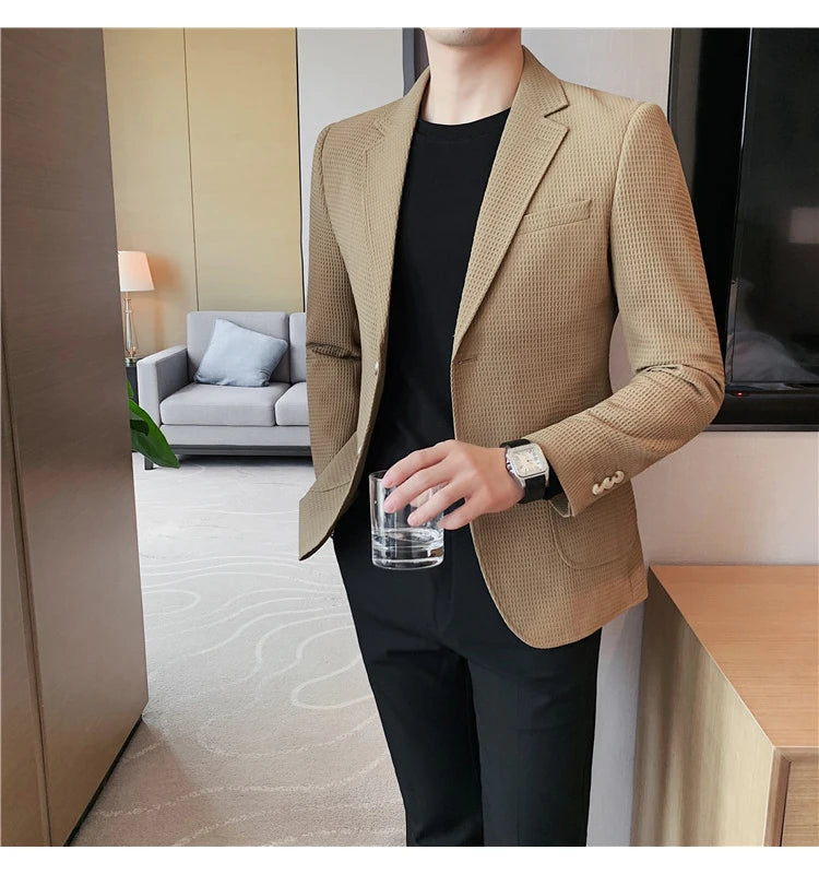 Men’s Waffle Plaid Blazer Coat, Hounds-Tooth Pattern, Wool-Blend Overcoat for Autumn & Winter - Lightweight, Stretchable