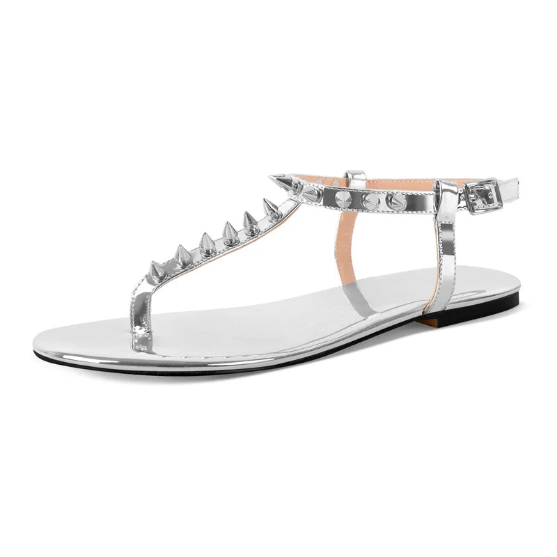 Women Round Toe T-Strap Rivet Flats Sandals Big Size Fashion Summer Sliper