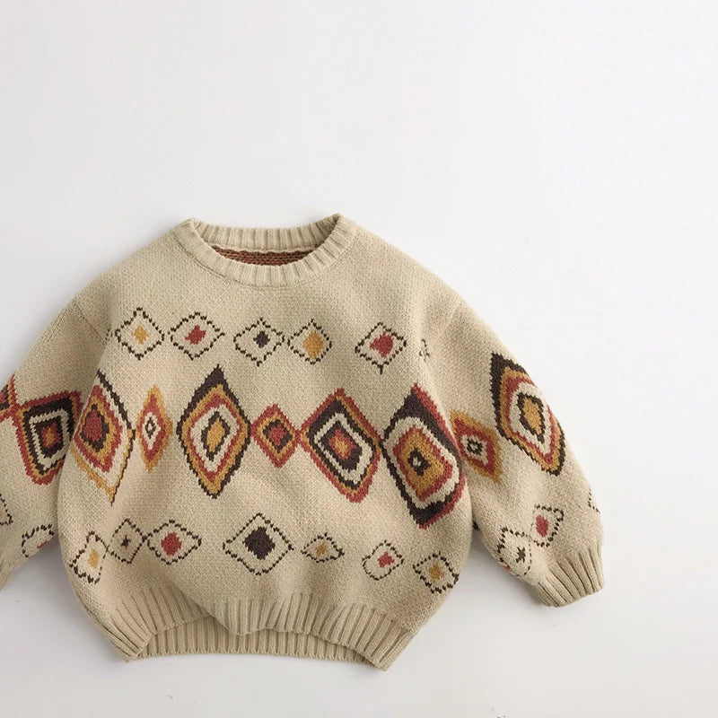 Autumn Winter Colourful Grid Retro Kids Sweaters Vintage Boys Warm Pullover Thicken Girls Knitwear Coat 1-6Y Unisex