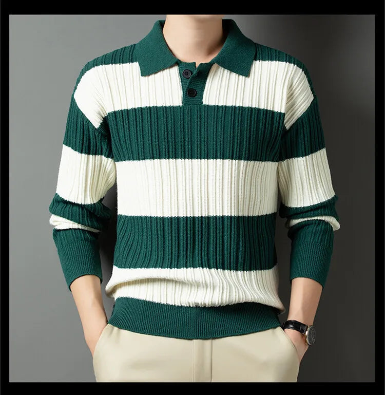 Men's Polo Shirt Luxury Pullover Sweater Fashion Thick Warm Sweater Striped Casual T-shirt, Male Top Loose Knitwear