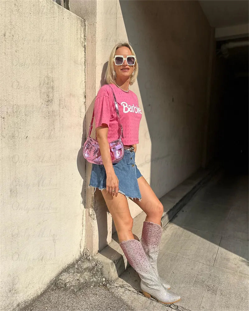 Women Pointed Toe Rhinestone Knee High Western Cowgirl Boots Glitter Bling Shiny Block Heel Lady Boots