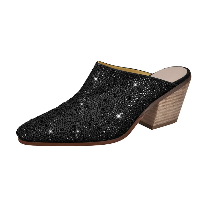Women Pointed Toe Rhinestone Mules Glitter Bling Shiny Pretty Sparkly Gorgeous Chunky Heel Slip On Summer Slipper