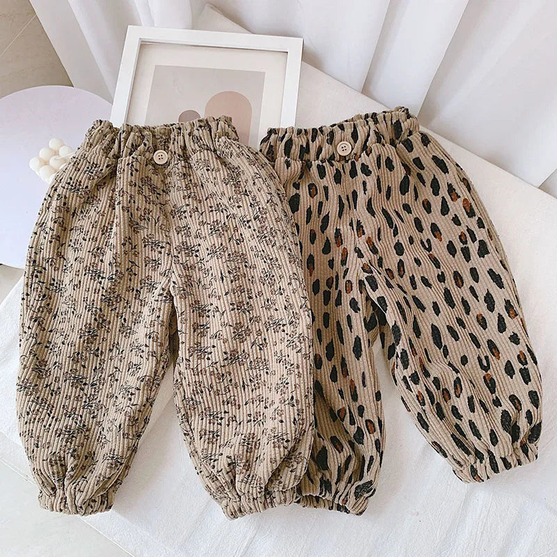 New Autumn Girls Boys Casual Pants Leopard Print Kids Corduroy Pants Loose Korean Version Fashion Children Trousers 1-8T Unisex