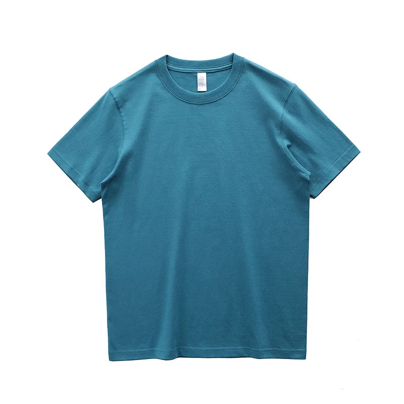 2025 Summer New American Retro 245G Short Sleeve O-neck Solid Color T-shirt Men's Fashion Simple 100% Cotton Washed Casual Tops