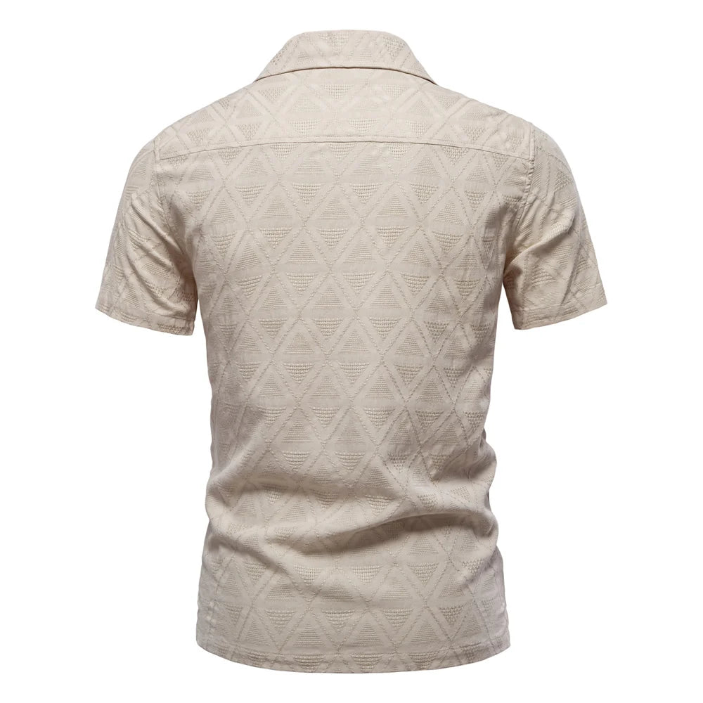 100% Cotton Jacquard Men's Short Sleeve Shirts - Solid Colour Turn-down Collar Casual Summer Shirts for Men
