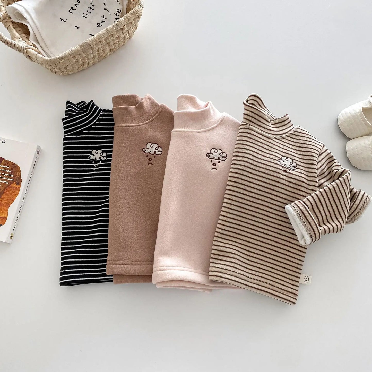 Herfst Kinder Basis Shirt Jongens Halve Turtleneck Warme Onderkant Tops Meisjes Bontvoering Geborduurde Gestreepte Blouse 0-5 Jaar Unisex
