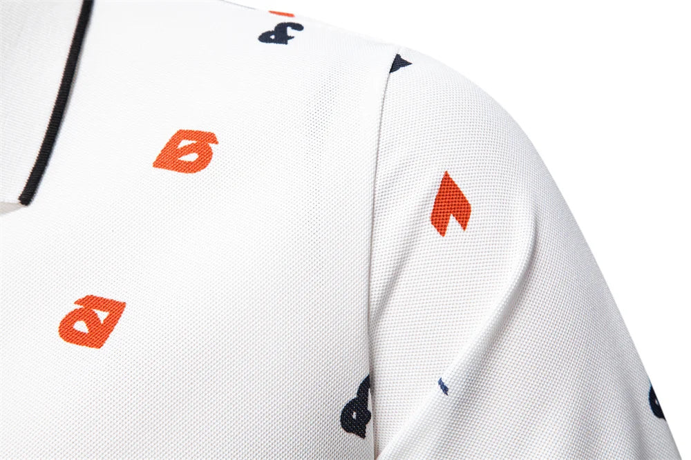 2025 Summer New Men's Solid Colour Polo Shirt with Printed Turn-Down Collar Casual Slim Fit Breathable Comfortable Top