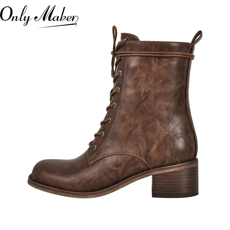 Women Brown Lace UP Ankle Boots Round Toe Gothic Heeled Concise Side Zipper Winter Motorcycle Boots