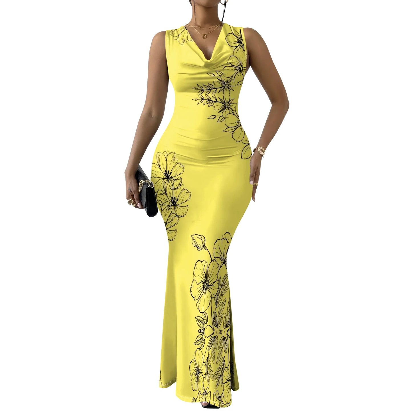 Women's V-Neck Sleeveless Maxi Dress Yellow Black Outline Floral Print Elegant Bodycon Summer Dress