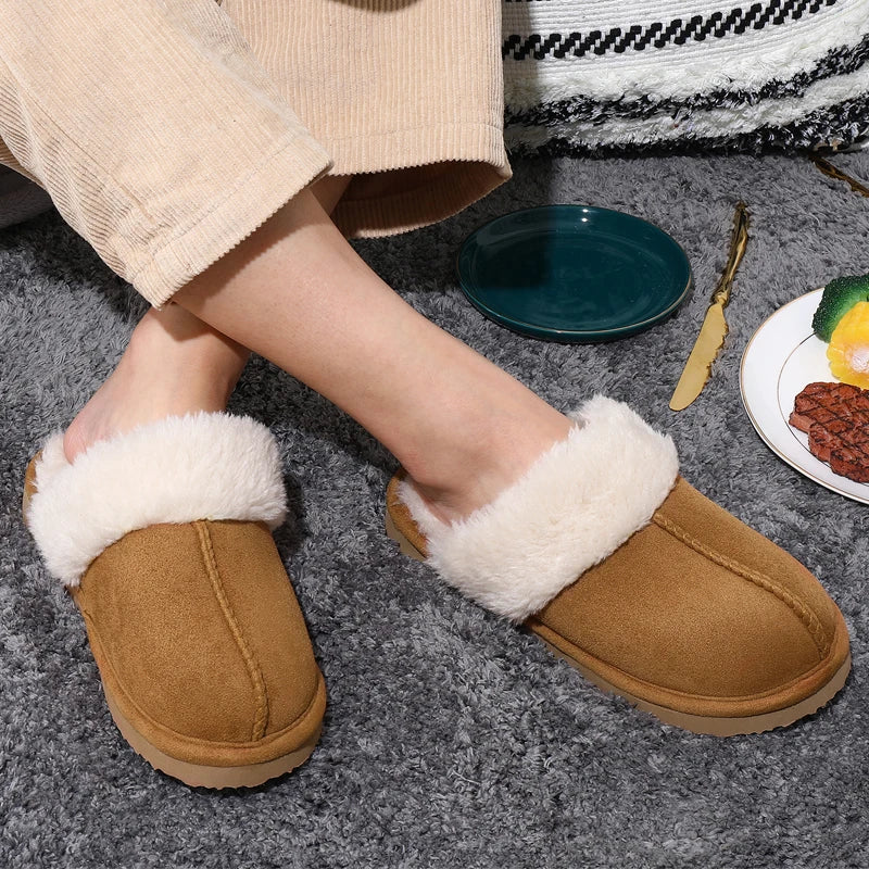 Unisex Winter Fur Slippers Home Suede Mules Short Plush Slippers For Indoor Warm Cosy Fuzzy Flats Slides For Men & Women