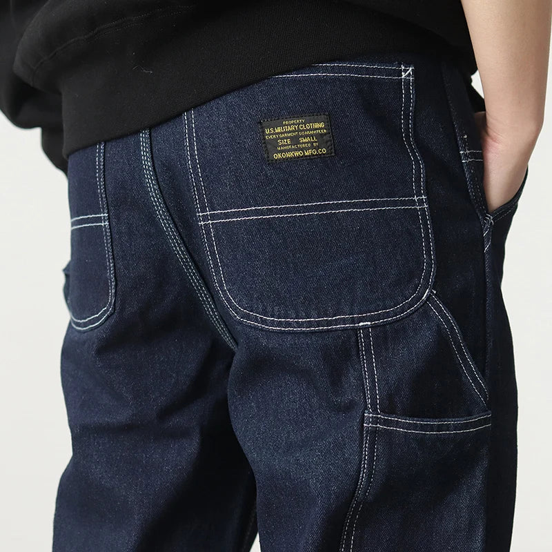 3903# Spring New American Retro Denim Carpenter Cargo Jeans Men's 100% Cotton Washed Loose Casual Multi-pocket Straight Pants