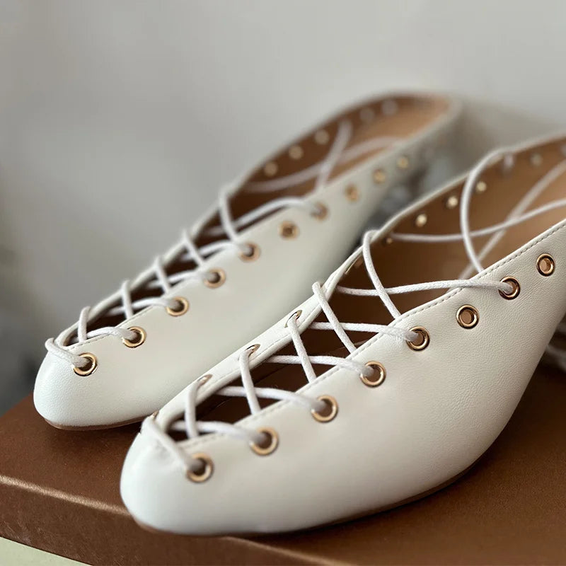 Women White Closed ToeLace Up Mules Kitten Heel Stiletto Summer Sandals Coeset Heels