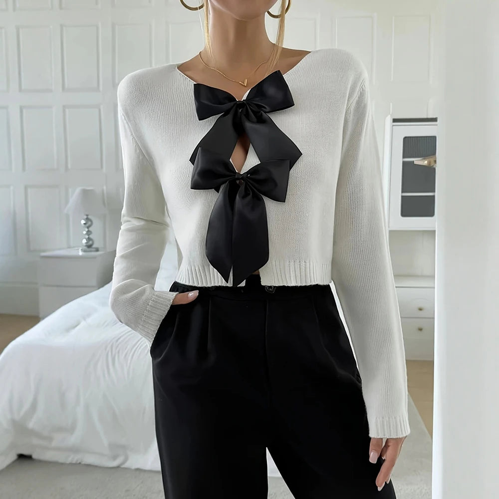 Autumn Cardigan 2025 Women's Mature Vibe Plain Bowknot Long Sleeve V-Neck Regular Fit Daily Basic Cardigan