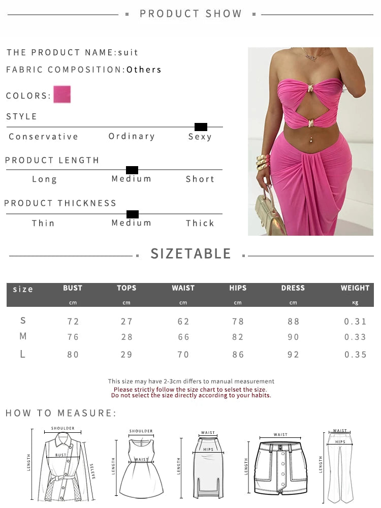 Metal Buckle Hollow 2 Piece Set Women Y2K Solid Ruche Tube Tops + Irregular Split Maxi Skirt Matching Clubwear Outfits