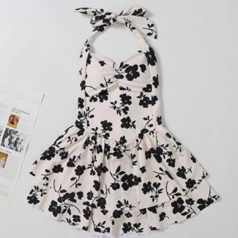 Sexy Halter Floral Print Women Swimwear Fashion Double Layer Ruffled One Piece Swimsuits New Beach Holiday High Waist Swimsuit