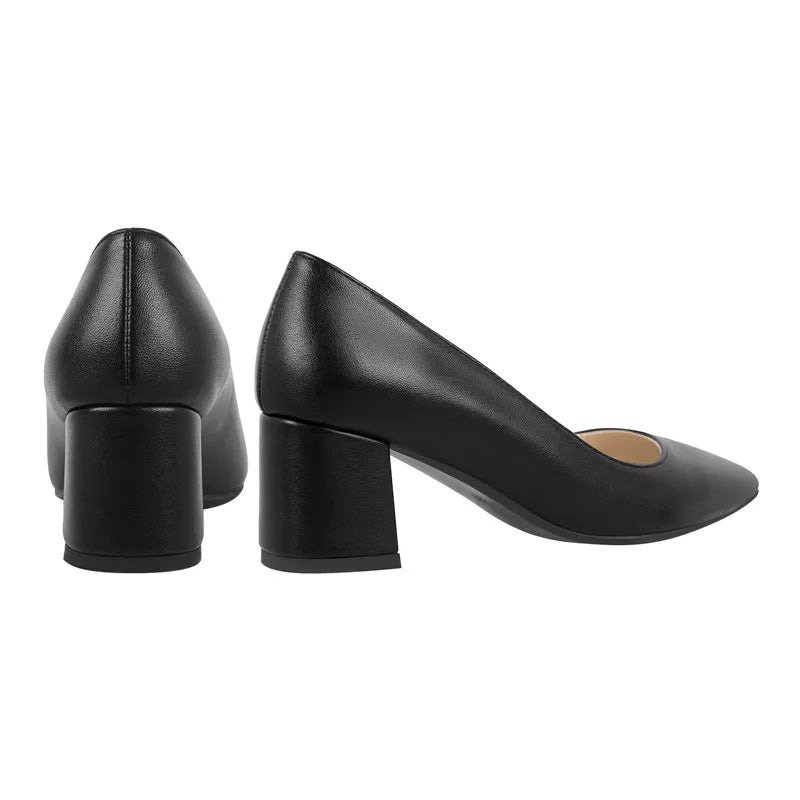Women Black Pointed Toe Block Classic Slip On Thick Heel Office Dress Elegant Big Size Handmade Chunky Lady Sh