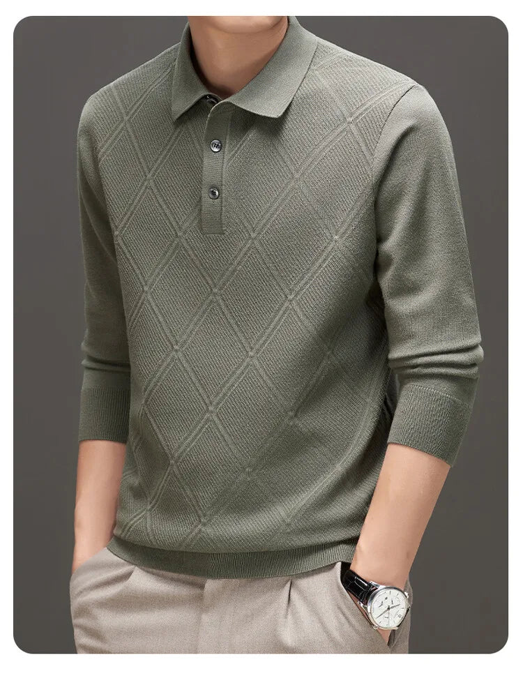 Men's Solid Colour Geometric Pattern Warm Polo, High Quality Woollen Sweater, Suitable For Business Casual & Daily Commute