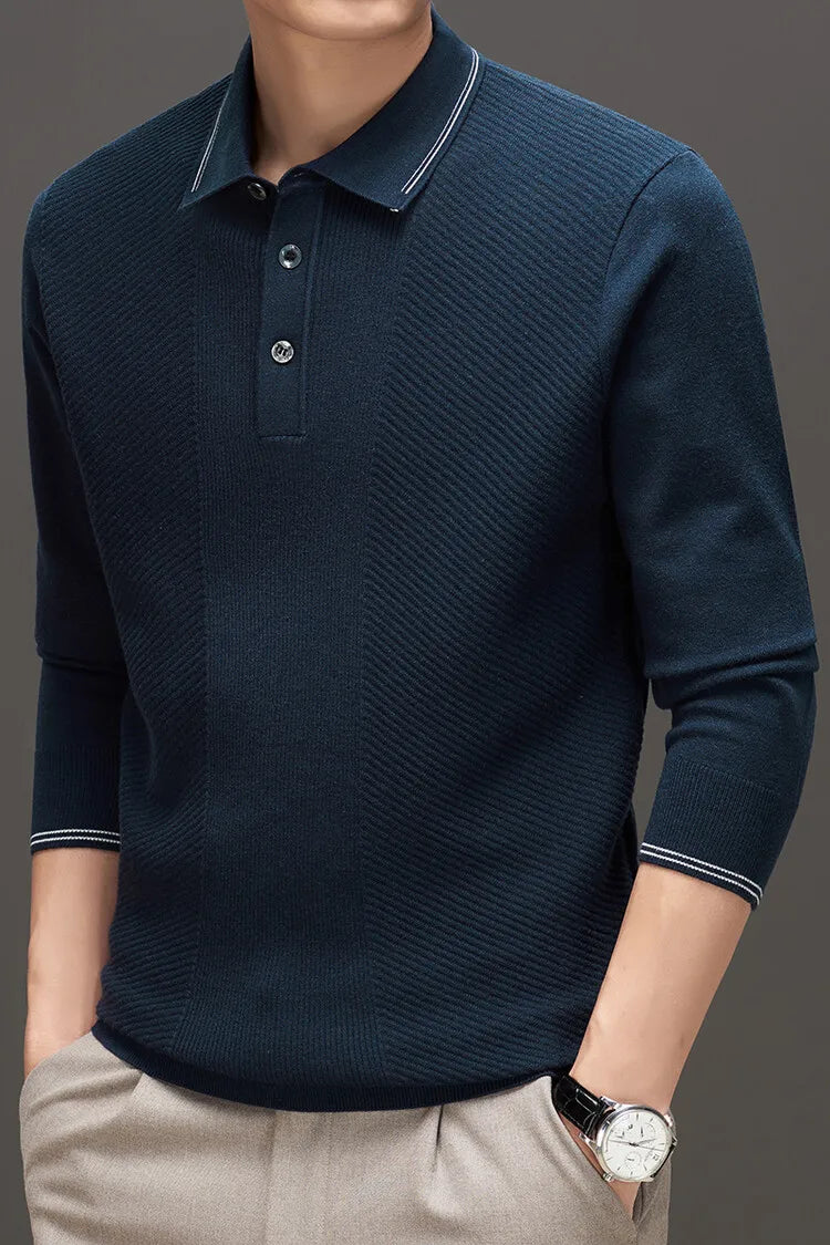 Men's Solid Colour Business Casual Polo Shirt, Suitable For Daily Commute, Pullover Sweater, Warm Knitted Long-Sleeved Cardigan