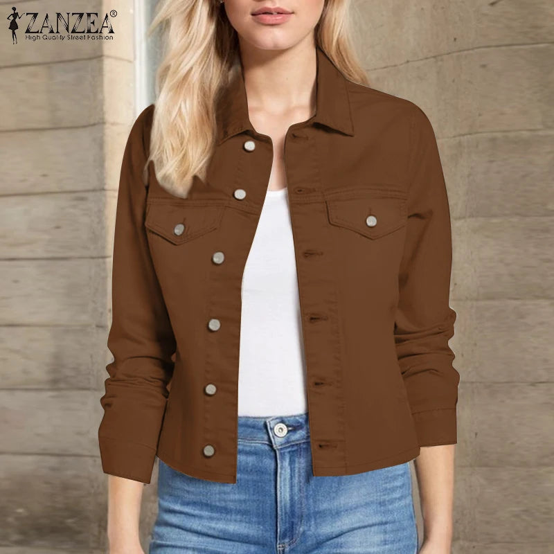 Women Daily Outerwear Long Sleeve Work Wear Casual Solid Colour Coats Button Up 2025 Spring Turn-down Collar Thin Jackets