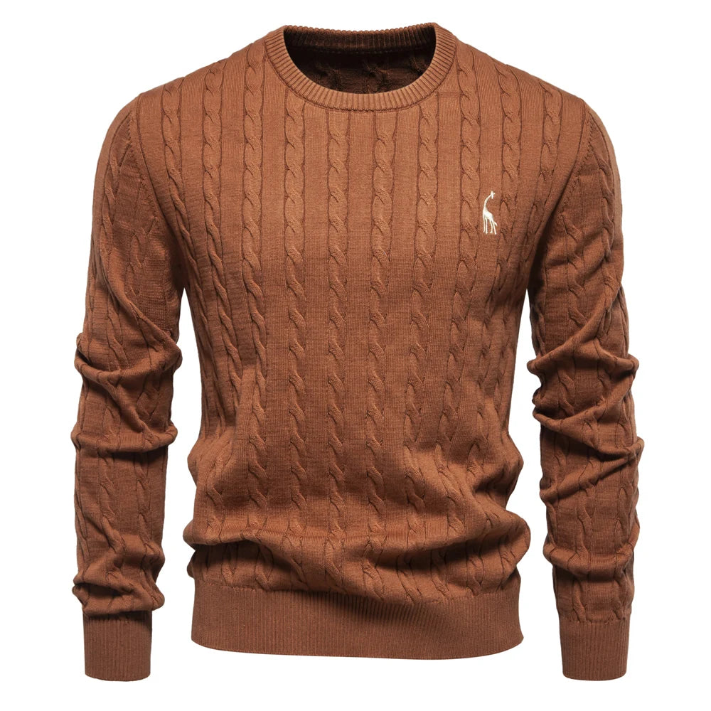 Men's Giraffe Embroidery Cotton Sweaters Round Neck Classic Twist Patterned Pullover Knitted Sweater for Men