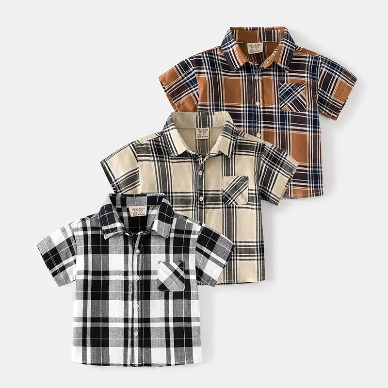 New Summer Kids Shirt Boys Girls Colour Blocked Grid T-shirt Children Breathable Loose Outwear Tops 2-6T Unisex