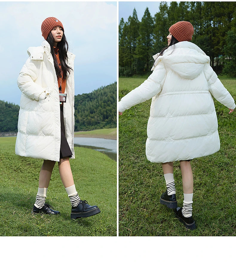 Women's Stand Collar Hooded Long Down Jacket, Waist Adjustable Belted Solid Colour, Thick Puffer Coat Fashionable Korean Style For Ladies