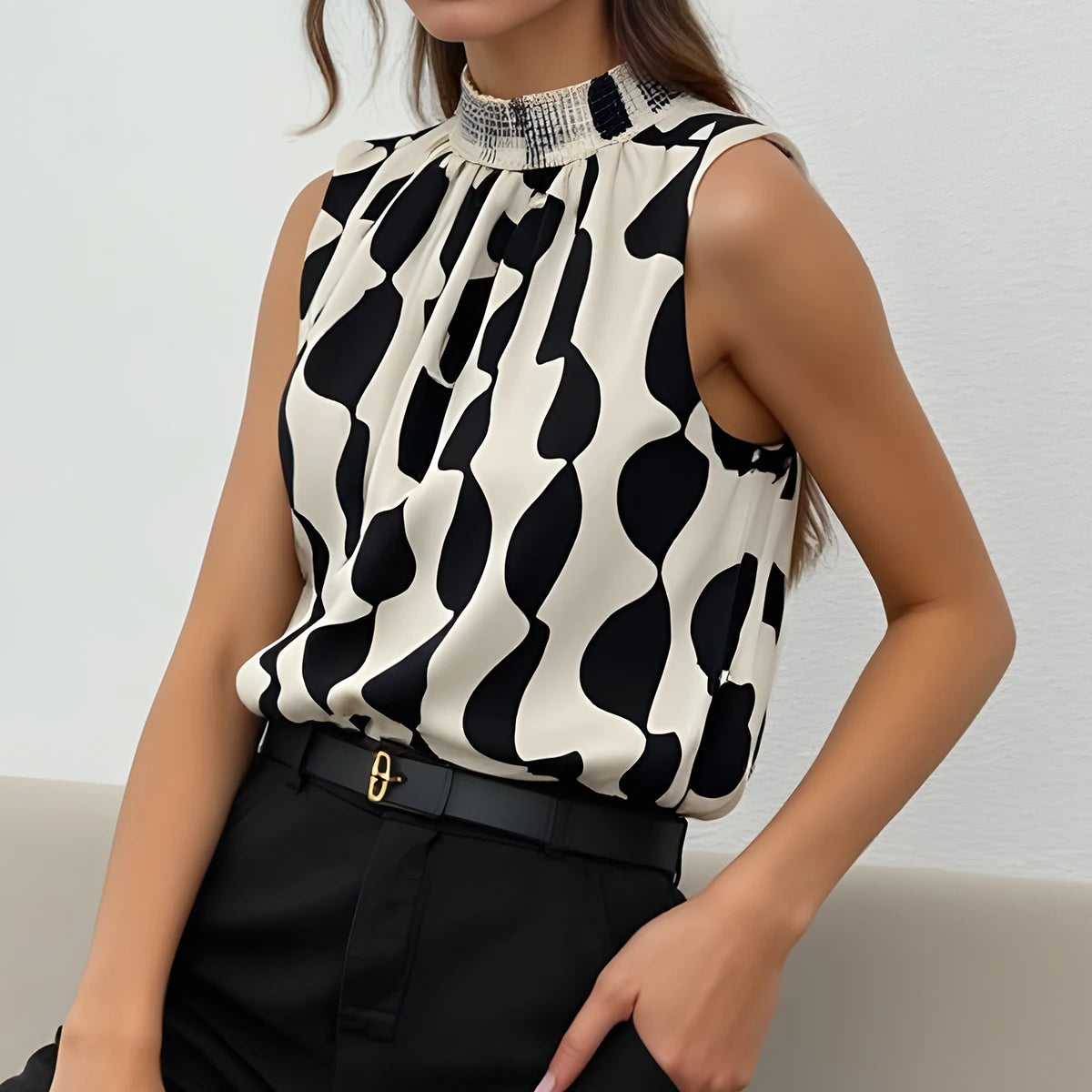 Blouses Summer Decent Fashion Irregular Grain Patchwork Sleeveless Mock Neck Casual Blouses For Women