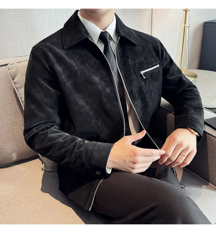 Men's Suede Casual Jacket, Lapel Fashionable Jacket, High-Grade Zipper Decorations, Business Casual Warm Male Coat