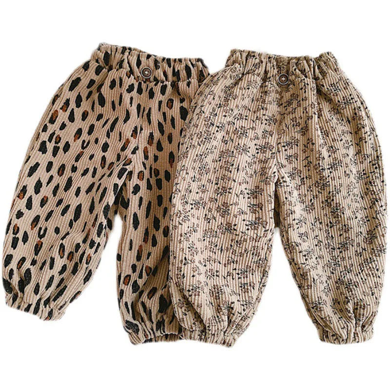 New Autumn Girls Boys Casual Pants Leopard Print Kids Corduroy Pants Loose Korean Version Fashion Children Trousers 1-8T Unisex
