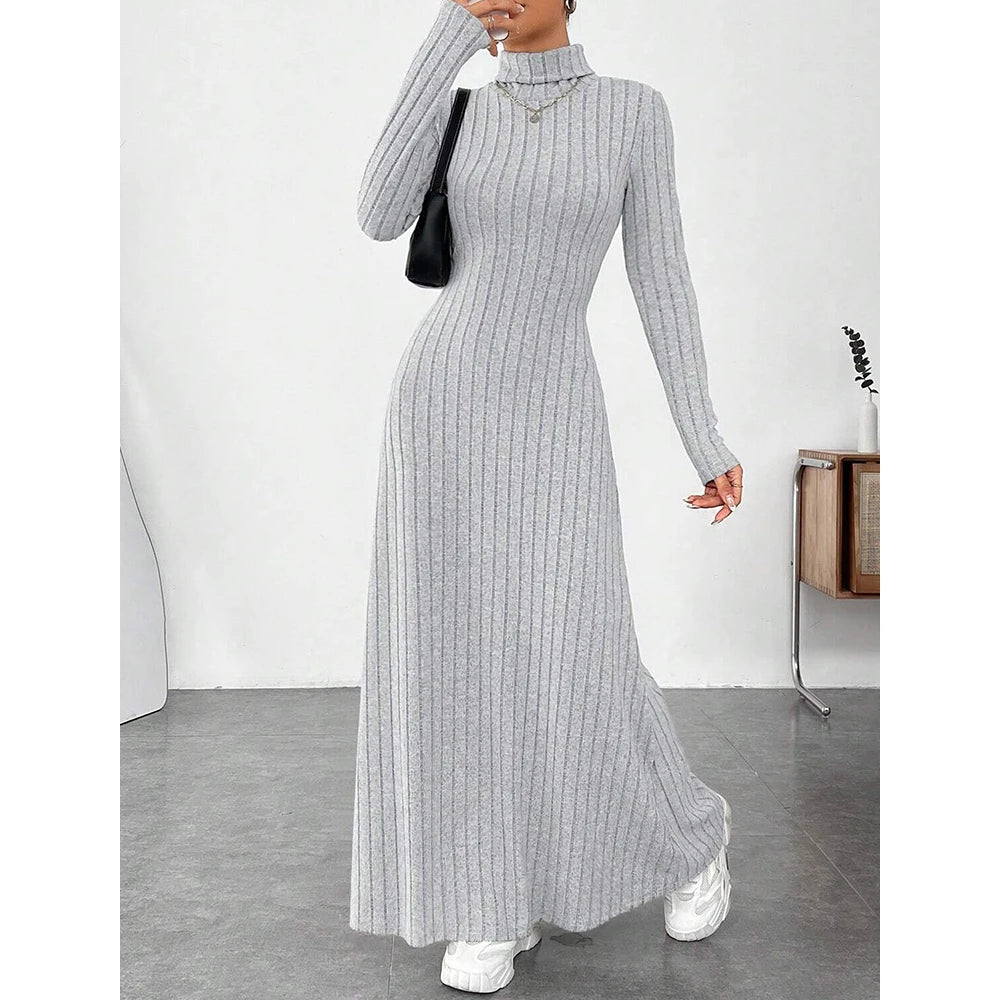 Women's Dresses Autumn Winter Decent Simple Solid Colour Long Sleeve High-Neck Maxi Wrap Casual Dresses