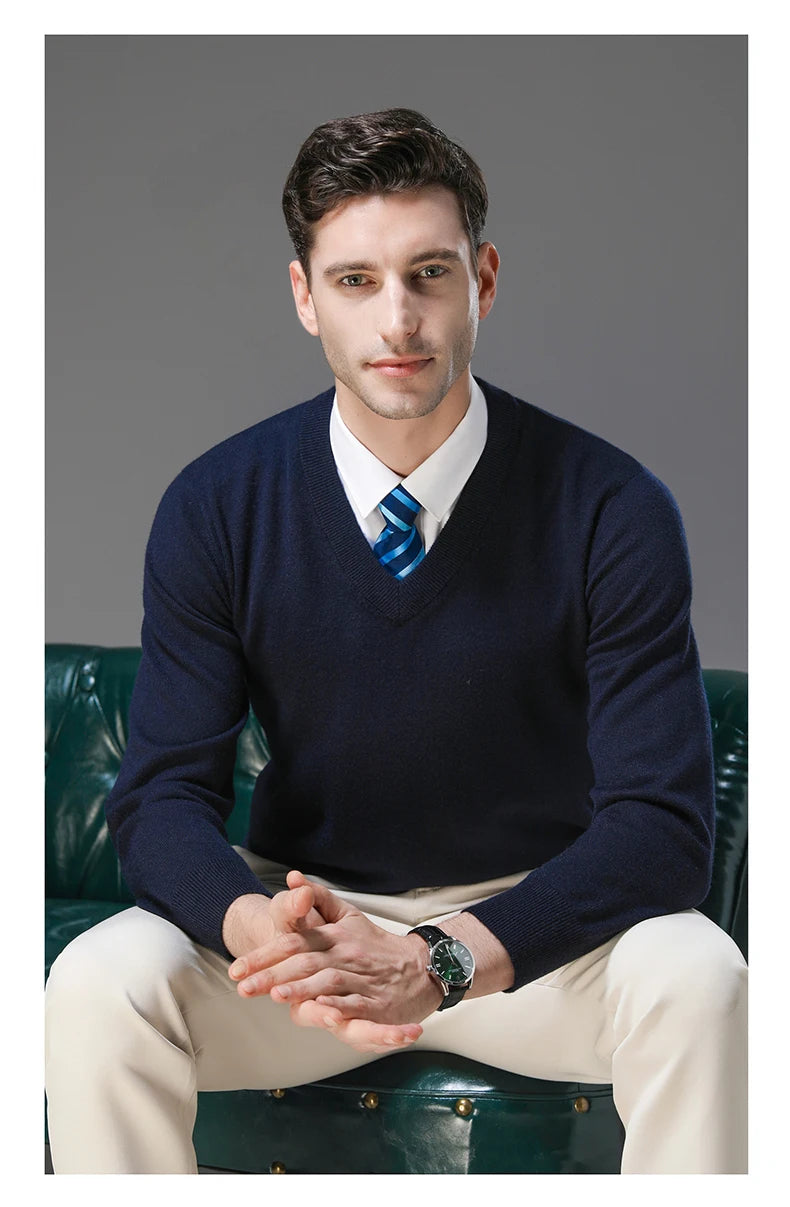Men's Warm V-Neck Solid Colour Sweater, Autumn & Winter Stretch Top, Daily Leisure Pullover Knitwear, Male Business Casual
