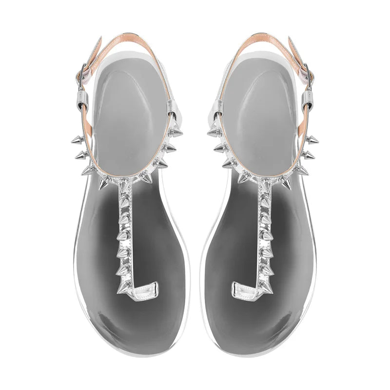Women Round Toe T-Strap Rivet Flats Sandals Big Size Fashion Summer Sliper