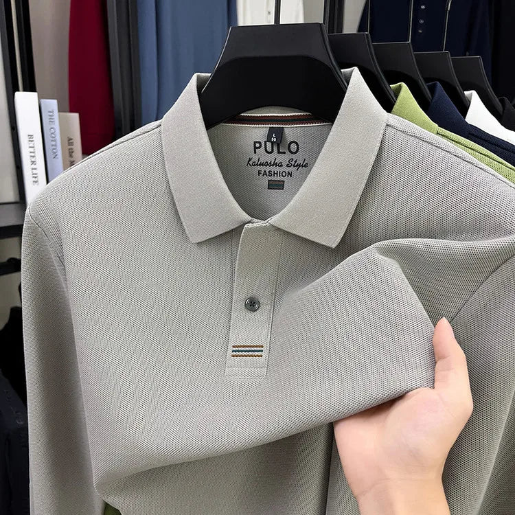 Men's Autumn 100% Breathable Cotton, Long-Sleeve Polo Shirt - Classic Cotton Collared T-Shirt With Business Casual Design