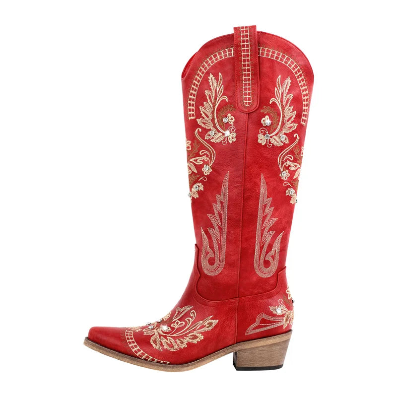 Women Pointed Toe Embroidered White Western Cowboy Boots Block Heel Pull-On Cowgirl Booties