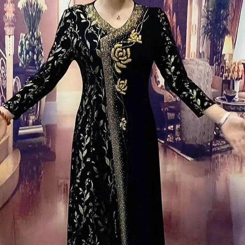 Commute Printed Elegant V-Neck Dresses Spring Autumn New A-Line Women's Clothing Long Sleeve Stylish Floral Diamonds Long Dress