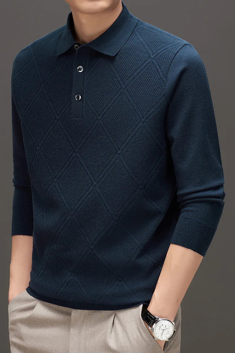 Men's Solid Colour Geometric Pattern Warm Polo, High Quality Woollen Sweater, Suitable For Business Casual & Daily Commute
