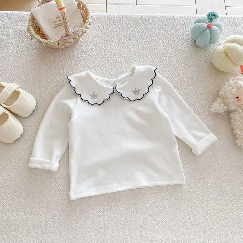 Herfst Baby Onderhemdjes Zoete Borduurwerk Bloem Strik Baby Meisjes Bottoming Shirt Peuter Dunne Kleding Tops 0-3T Meisjes
