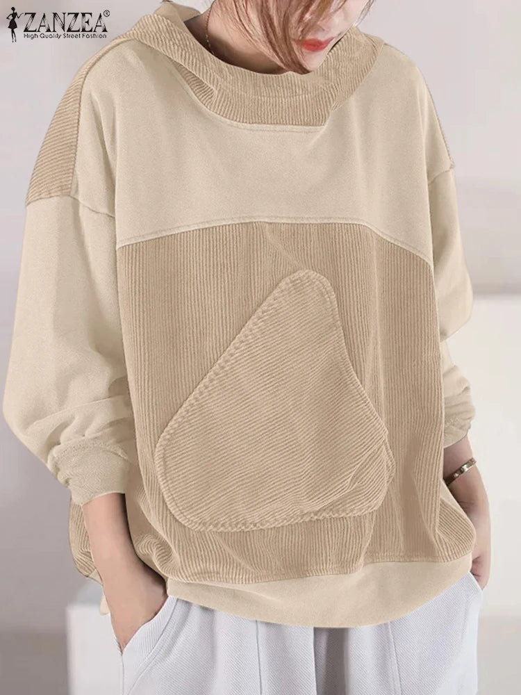 Women Patchwork Corduroy Hoodies Loose Casual Irregular Pocket Hooded Sweatshirts 2024 Fall Colour Block Long Sleeve Tops
