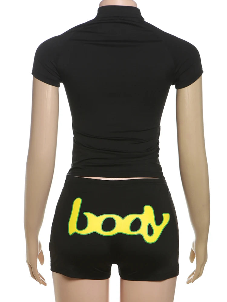 Women's Casual Sporty 2 Piece Set Women Letter Print Zip Crop Tops + Skinny Stretch Shorts Matching Simple Fashion Tracksuits