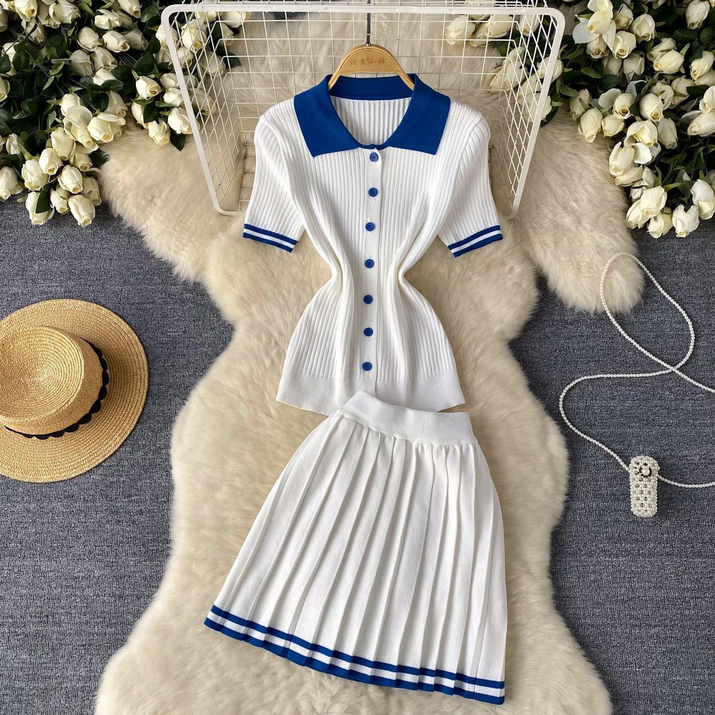 Women's Fashion Patchwork 2 Piece Set Polo-Neck Single-Breasted Tops + Ruched Ruffles Mini Skirts Y2K Style Street Outfits