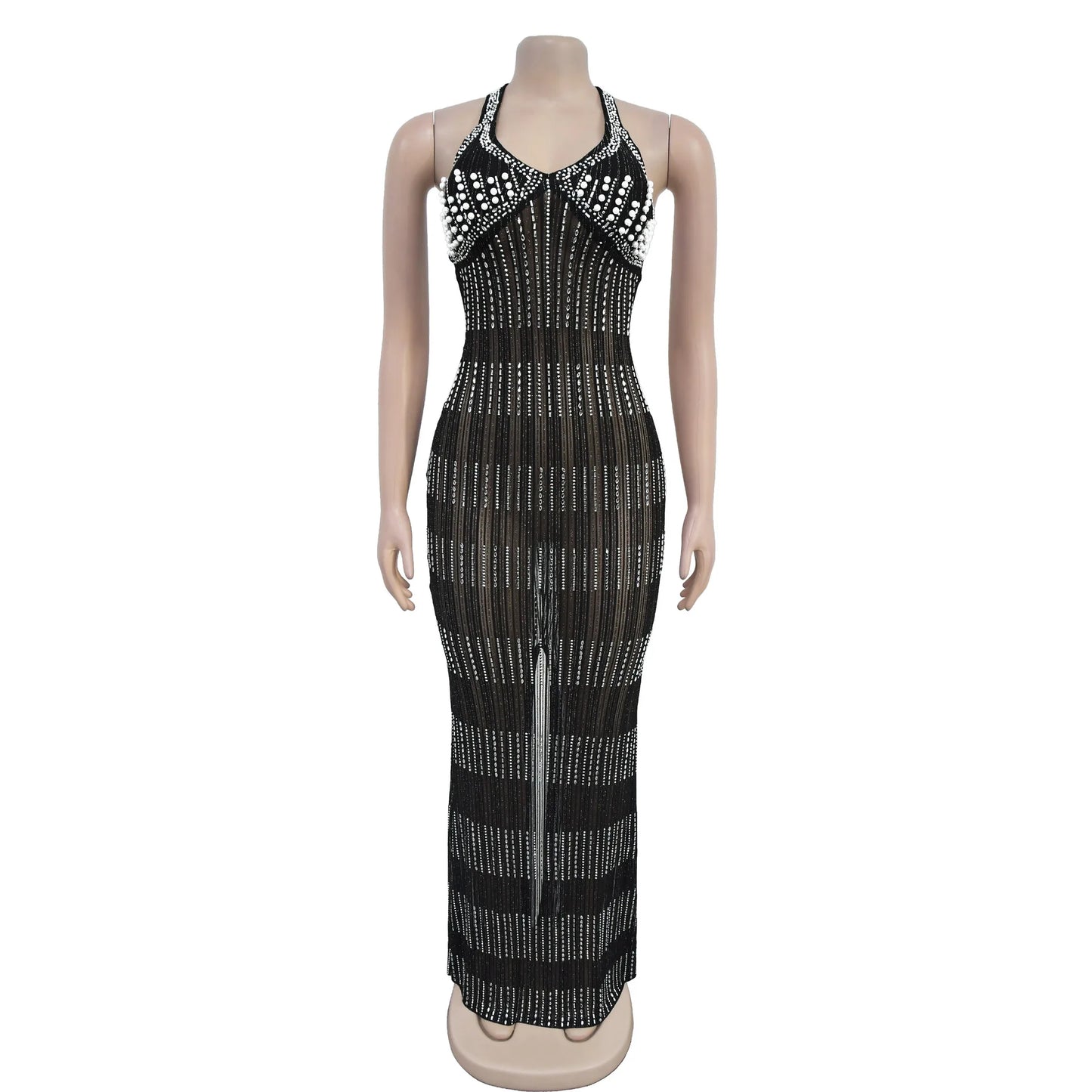 Women's Sexy Halter Sleeveless Backless Embroidered Flares Rhinestone Decor Floor-length Party Dress