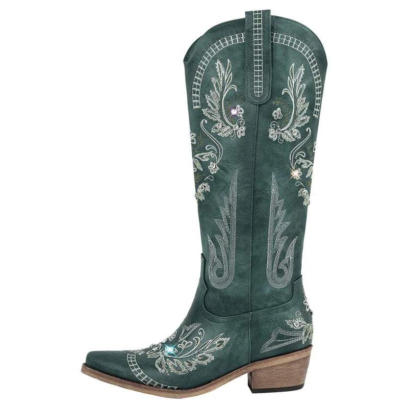 Women Pointed Toe Embroidered White Western Cowboy Boots Block Heel Pull-On Cowgirl Booties