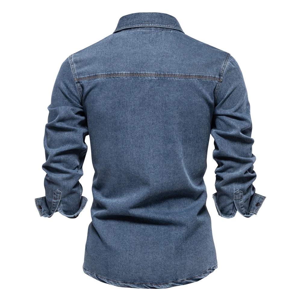 Men's 100% Cotton Denim Shirts Double Pocket Casual Cowboy Shirts Long Sleeve Autumn Jeans Shirts for Men