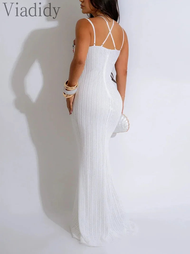 Women Sexy Solid Color Spaghetti Strap Sleeveless Backless Embroidery Floor-length Party Dress
