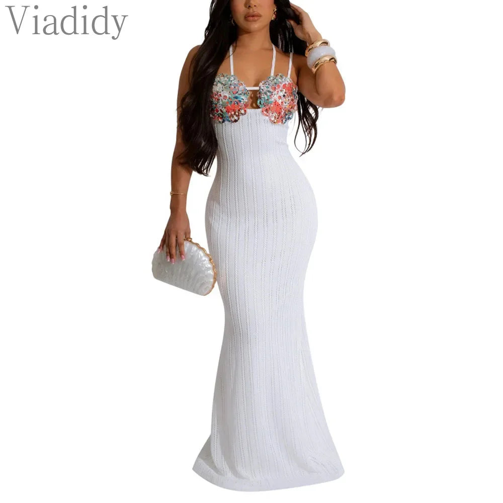Women Sexy Solid Color Spaghetti Strap Sleeveless Backless Embroidery Floor-length Party Dress