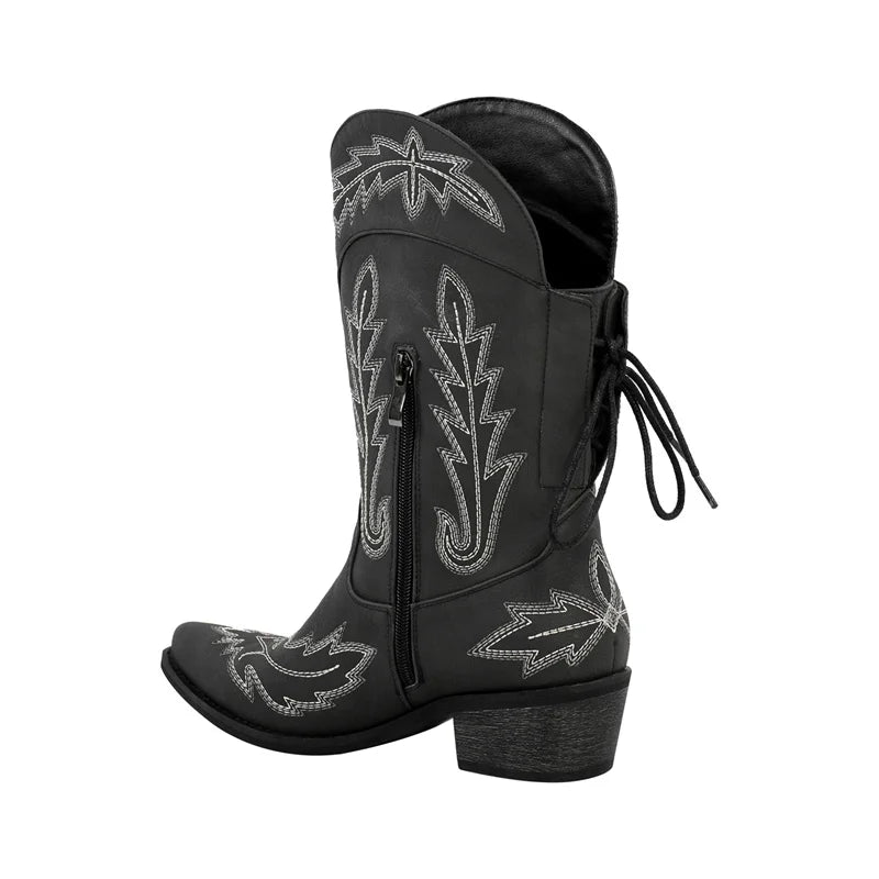 Women Pointed Toe Black Embroidery Western Boots Tapered Heel Round Up Mid-Calf Western Cowgirl Boots