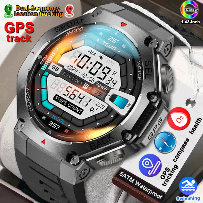 2025 New Outdoor Military Smart Watch Men GPS Track Waterproof Swim Health Monitor Compass GPS Sport Fitness Smart Watch Bracelet